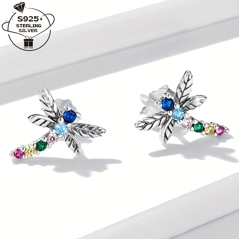 

1 Pair Of 925 Silver, Fashionable Colorful Dragonfly, Inlaid With Synthetic Zirconia, Insect Women's Earrings. Inlaid With Sparkling Synthetic Zirconia, Luxurious And Gift. Suitable For And Parties