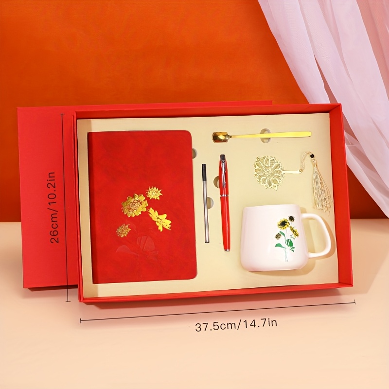 1pc 6pcs set sunflower foil logo pen refill mug spoon bookmark meeting notebook with light beige   changing pu cover 100 pages for coffee   journaling relaxation a5 work notebook gift box   teachers day birthday holiday presents