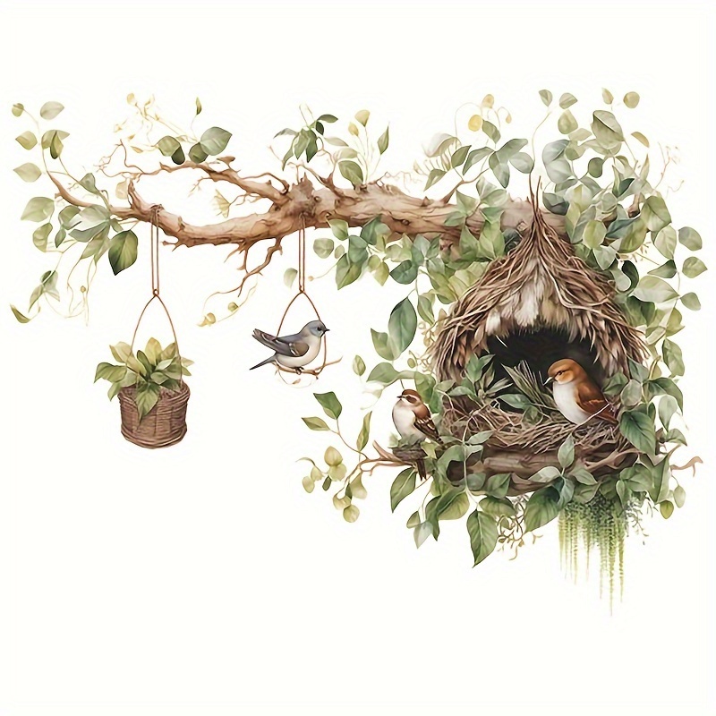 Image of Contemporary Animal Print Wall Stickers: Bird Nest And Branch Decoration, 30cm X 11.8inch, Self-adhesive, Reusable, Suitable For Glass Surfaces