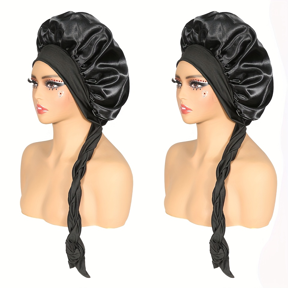 E-shop 2 Stück Satin mit langen Bändern, elastische Duschhaube, verstellbare Haube für Zöpfe, lockiges langes Haar
