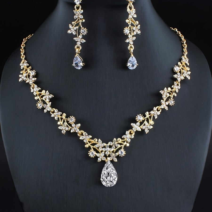 

3-piece Gold-plated Floral Necklace And Earrings Set With Rhinestones & Cubic Zirconia Accents, Perfect For Women's Valentine's Day, Christmas, Wedding, Party Bridal Accessories Gifts For Eid