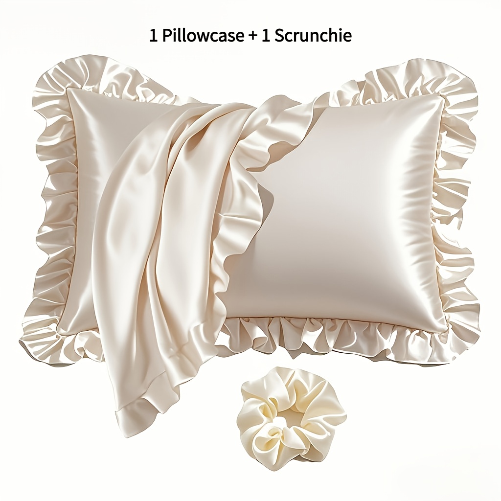 TEMU 2er-Set enthält 1 gerüschten Satin-Kissenbezug (Kissenfüllung nicht enthalten) + 1 passendes Haargummi – Elegante mit minimalistischem Design,