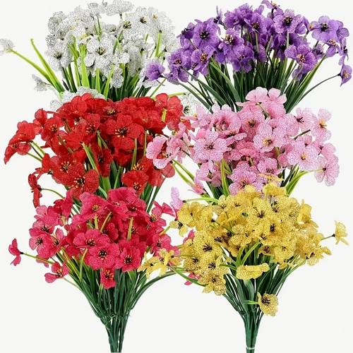 a pack of 6 bunches of artificial flowers in red white red and violet outdoor artificial outdoor hanging plants non fading faux violets for garden yard porch windowsill home wedding and farmhouse