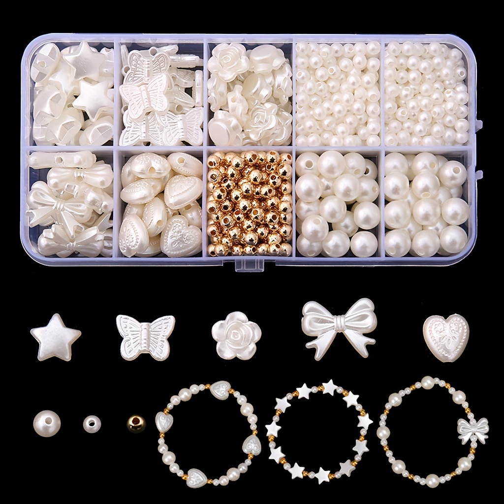 E-shop Schmuckherstellungssets: Set mit 800 eleganten weißen Acryl-Rundperlen in verschiedenen Formen und Größen - polierte lose Perlen, Armbandperlen,