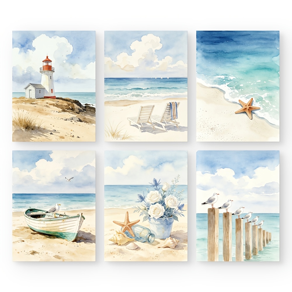 TEMU 2d Flat, 6pcs Watercolor Coastal Beach Wall Art Prints Suitable For, Room, - Lighthouse, Seaside Landscape With , Starfish & Shells, Vertical