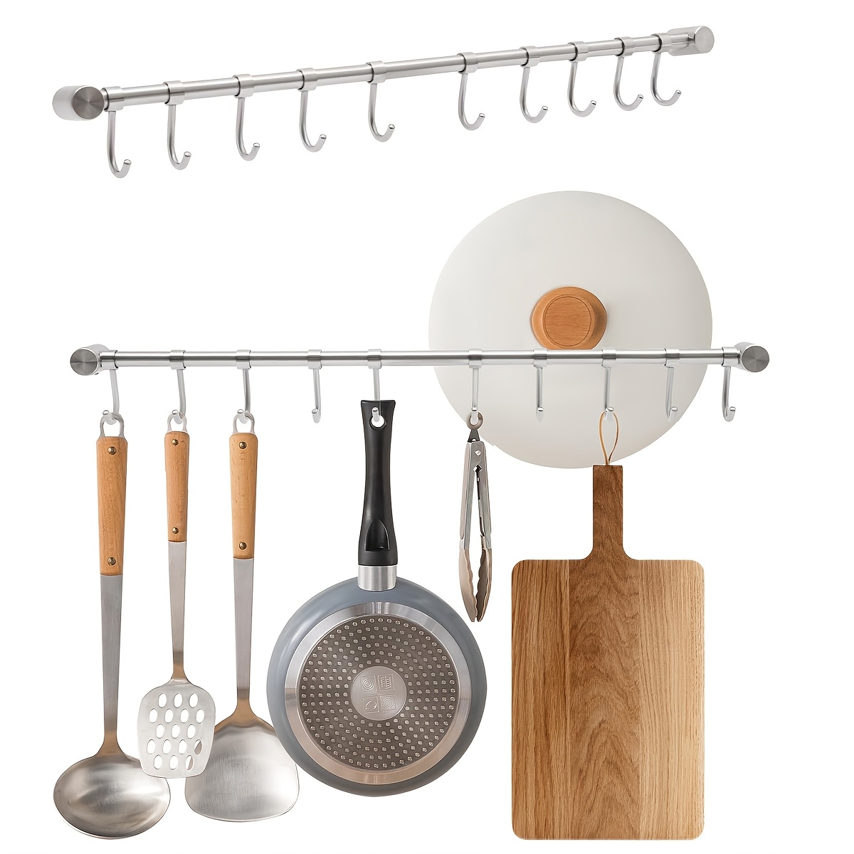 

Stainless Steel Kitchen Rail With Noiseless Sliding Hooks - Wall-mounted Utensil Organizer For Kitchen, Bathroom & Bedroom Storage