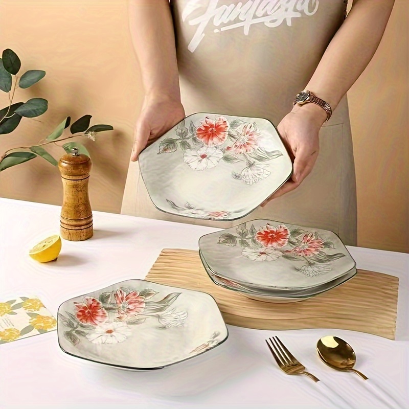 

Set Of 4 Colorful Floral Ceramic Plates - Dinner, Salad & Dessert | Ideal For Home, Dorms, Kitchens & Restaurants