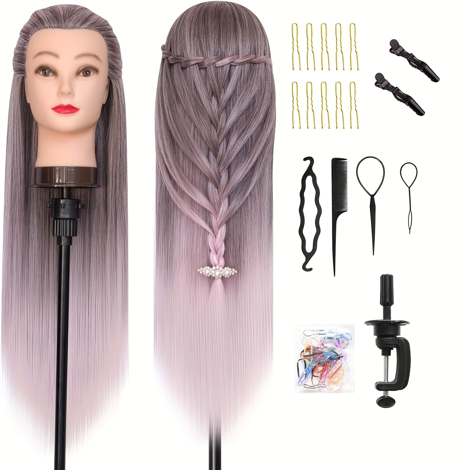 

Training Head, 26-28 Inch Synthetic Fiber Hair Silky Hairdressing Head Ombre Mannequin Dolls Head For Styling Practice With Table Clamp + Braid Set
