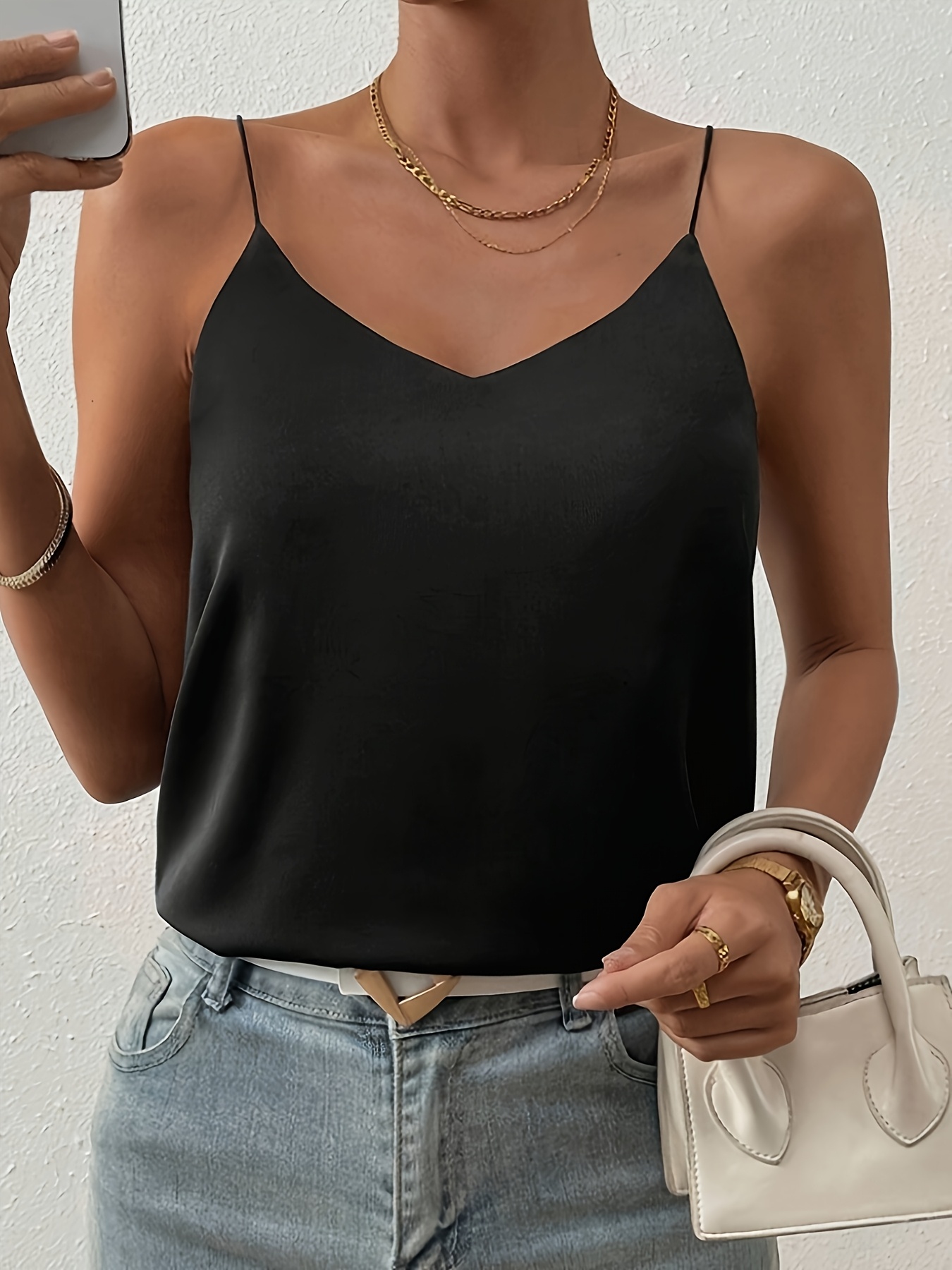 1pc Elegant Off-Shoulder Sleeveless Blouse for Women - Chic White Satin Summer Top with Deep V-Neck, Perfect for Layering or Standalone Outfits, Versatile Fashion | Elegant Offshoulder | Satin Finish