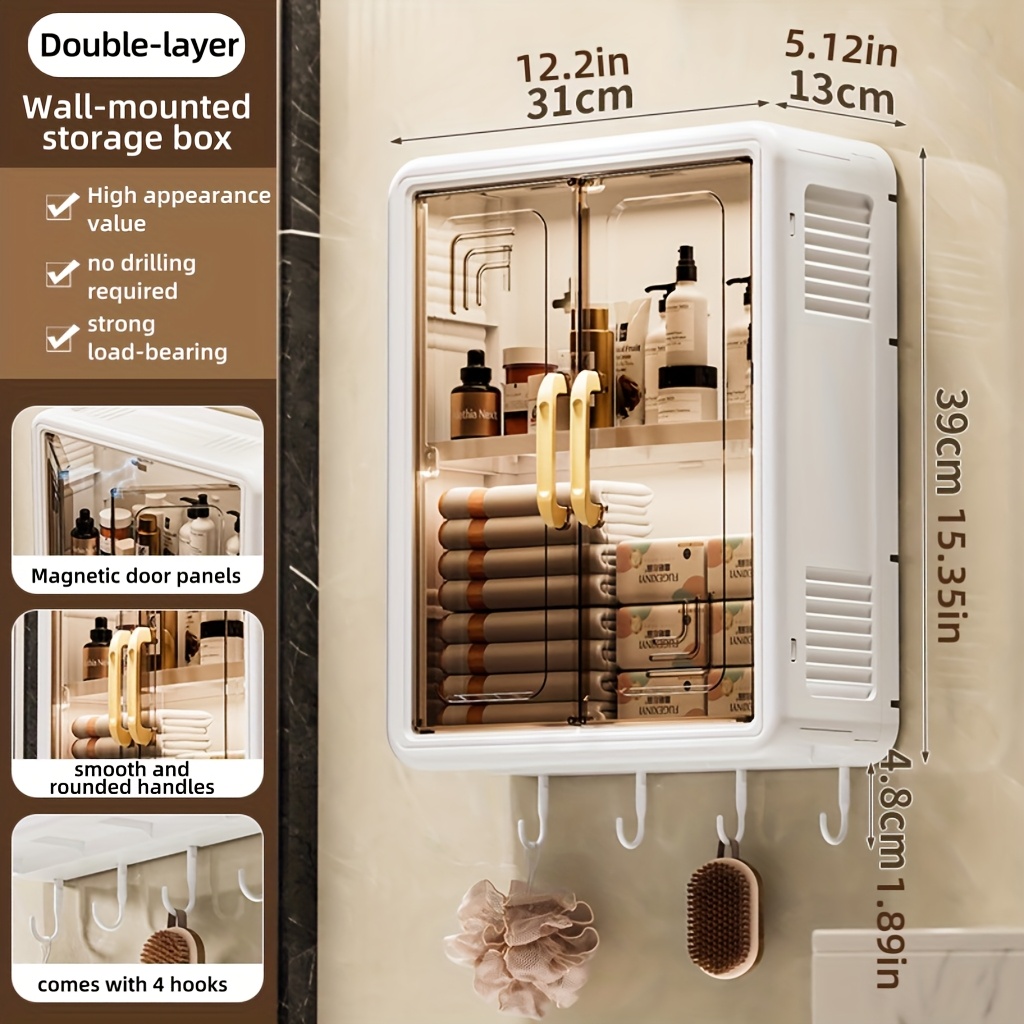 E-shop Wandmontierter Badezimmer-Organizer ohne Bohren mit Ic-Türen – Schwerlast-Kunststoff-Duschregal, Weiß/Schwarz, 27"+ Höhe, 3,2+ Cu Ft Kapazität,