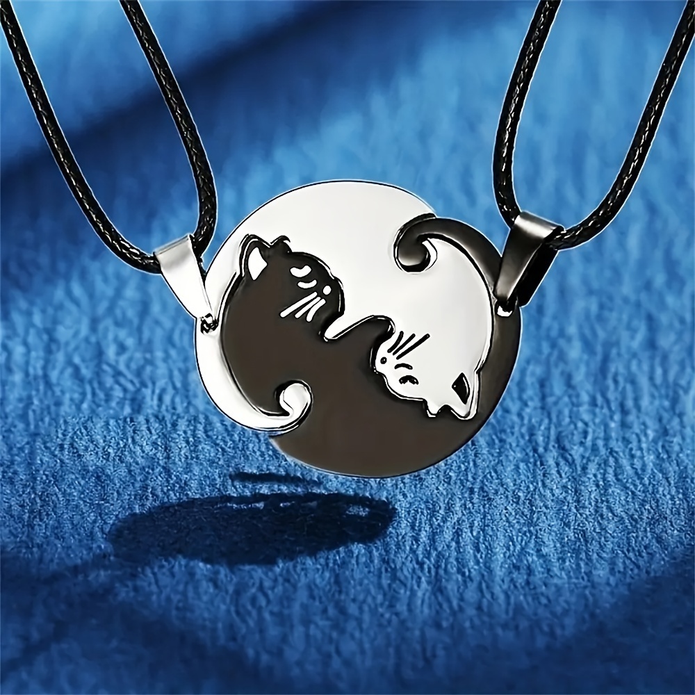 

Black & White Cat Pendant Necklace Set - 2pcs, Stainless Steel, Perfect Gift For Couples, Friends, , Cat Accessories