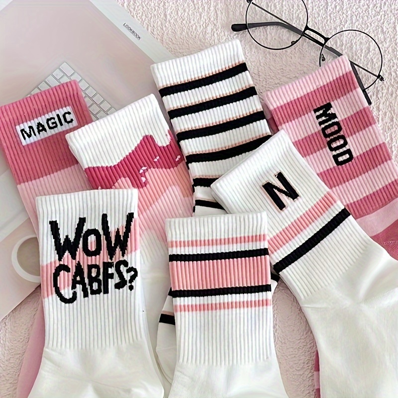 

5pcs Women's Calf Socks - Letter Patterns, Soft Polyester , Machine Washable, , Leg Accessories|cute Sock Patterns| Knit Socks, Novelty Socks