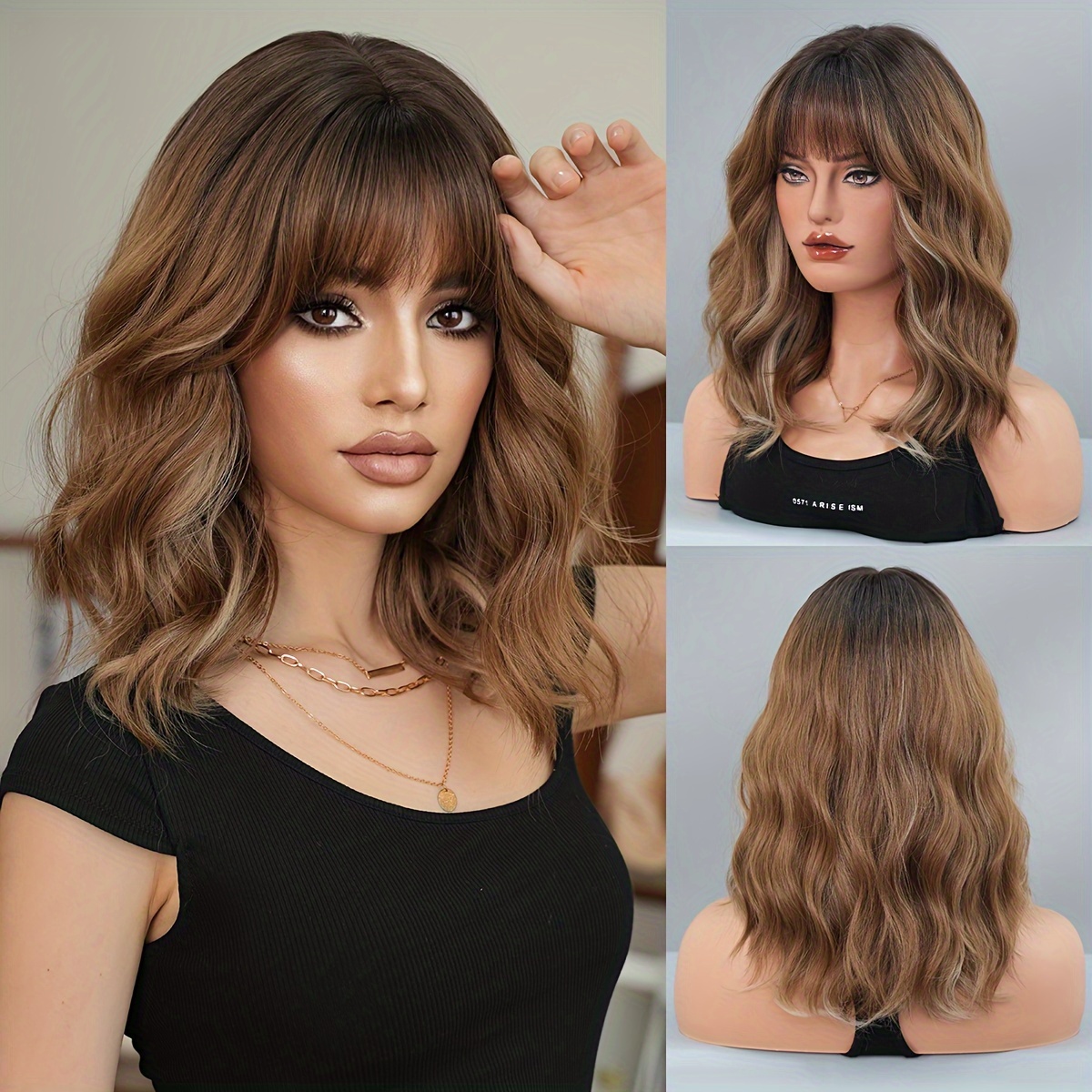 

Routine Wigs Shoulder Length Loose Curly Ombre Brown Wig With High Density Fluffy Synthetic Wig For Women Daily Party Use Heat Resistant 16.14 Inches