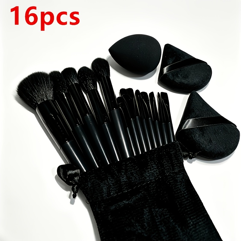 TEMU 16pcs Set Of High-quality Professional Makeup Brushes, Including 13 Brushes And 2 And 1 Makeup Egg, High-quality Black Makeup Brush Set,
