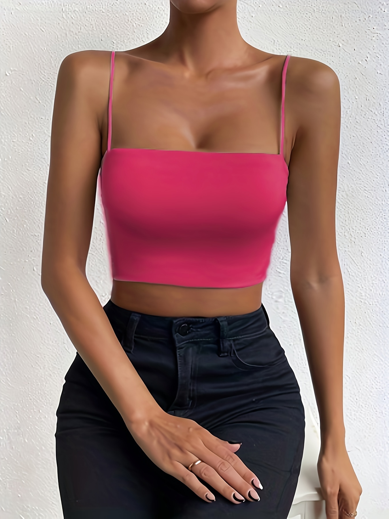 Solid Color Crop Cami Top, Versatile Spaghetti Strap Top For Summer, Women's Clothing