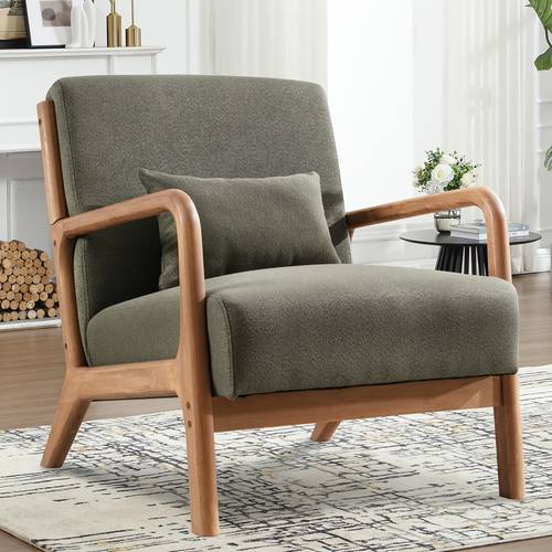 retro leisure chair accent armchair in century with a lumbar pillow comfortable lounge chair with 18cm thick cushion wooden armrests suitable for bedroom living room or reading room with solid wood frame