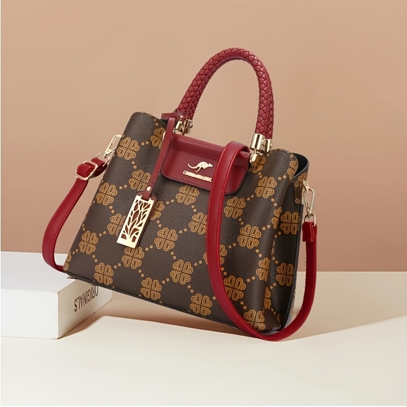 womens light luxury animal print tote bag genuine leather high quality handbag with detachable shoulder strap zipper closure large capacity for commuting work travel copper wine red work handbag elegant bucket bag polyester lined Product details 1