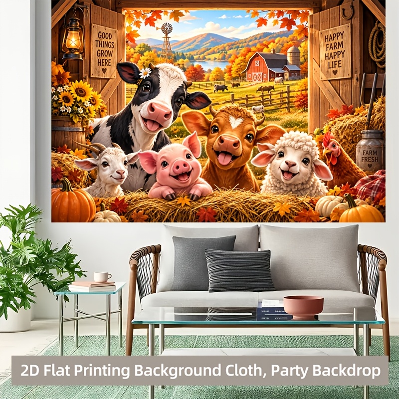 Autumn Farm Animal Background Cloth with Cow, Pig, Horse