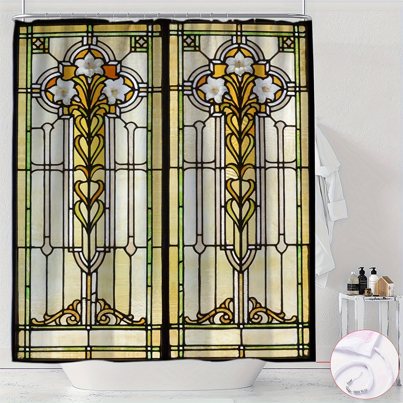 

Ywjhui Water-resistant Stained Glass Window Printed Shower Curtain, Arts Themed Polyester Bathroom Decor With Hooks, Machine Washable Knit Weave, Partially Lined, All-season - 1pc