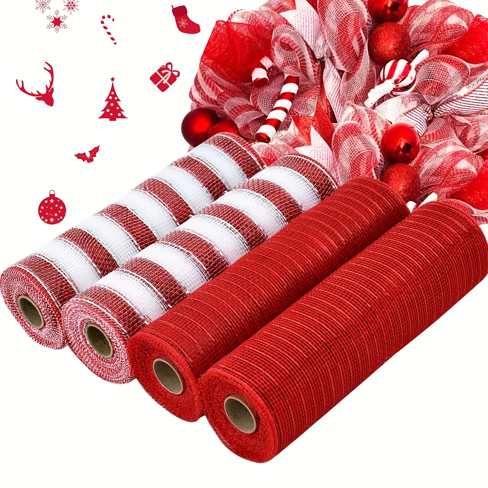 

4 rouleaux de ruban en maille poly avec feuille - 10 pouces x 10 , maille décorative rayée pour couronnes, décoration de porte d'entrée, accessoires de fête de Noël et des Fêtes