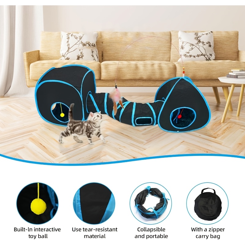 Cat Tunnel with Tent Cube & Feather Toy Combo for Indoor Cats