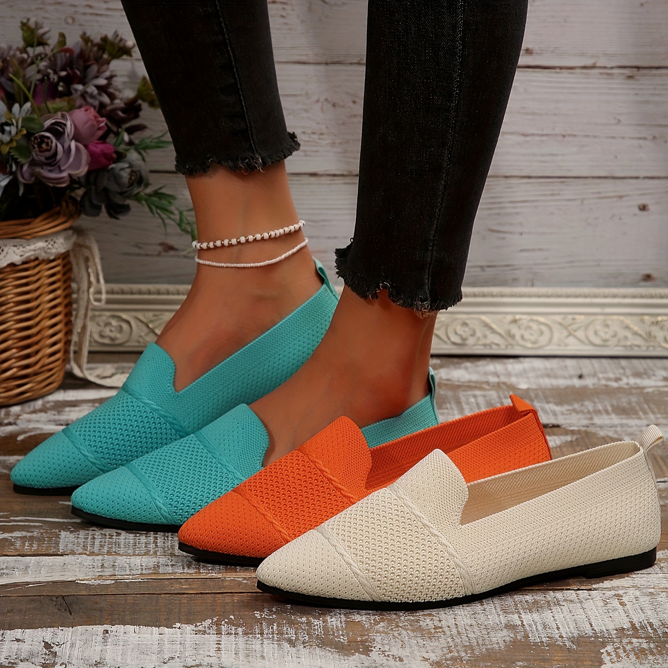 

Chaussures plates en tricot de couleur unie pour femmes, chaussures à enfiler respirantes à bout pointu, ballerines décontractées à porter au quotidien