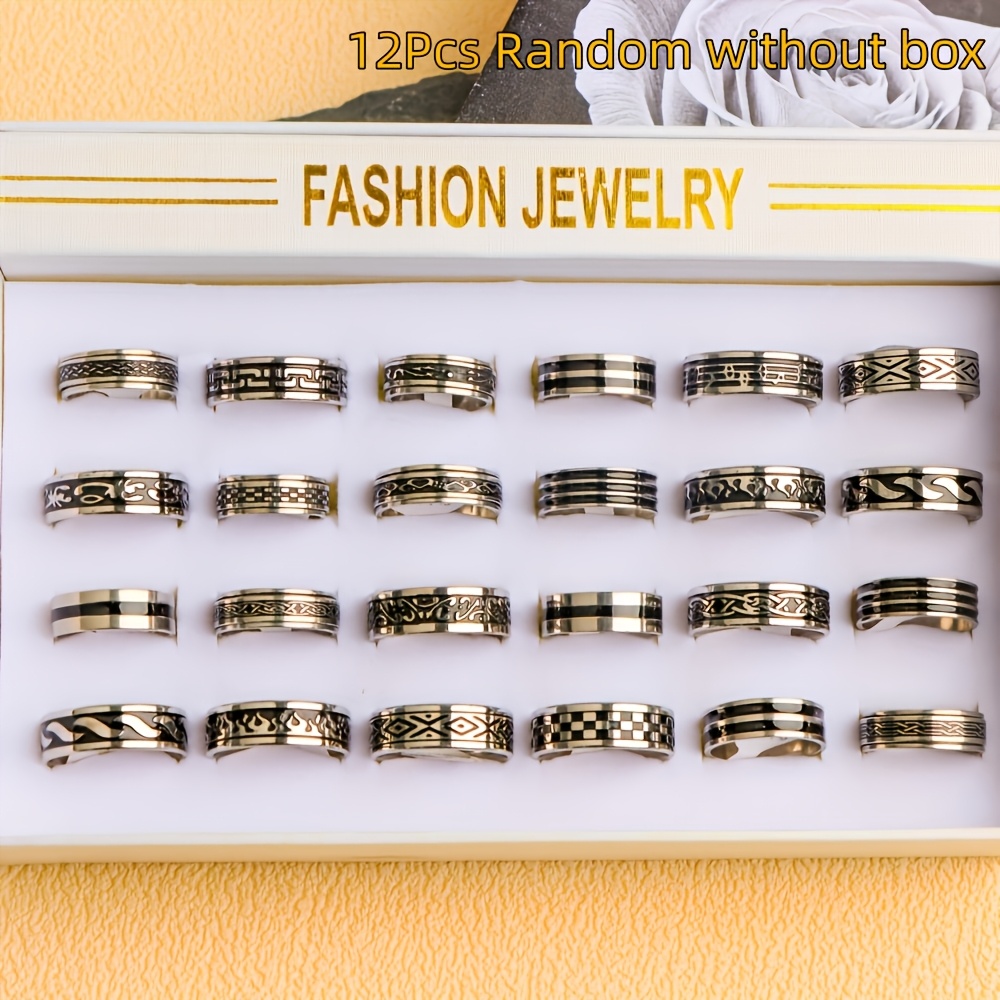 TEMU 12pcs Stainless Steel Men's Rings, Geometric Patterns Rotatable, Suitable For Daily Jewelry Party Decoration, Gift Opp Bagged Random Shipment