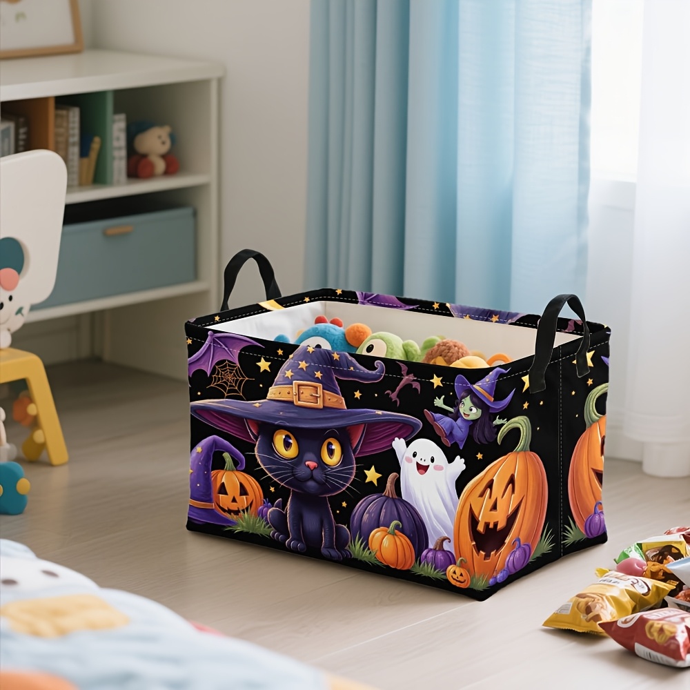 TEMU 1pc Of A Large,collapsible Storage Basket Featuring A For With Gothic Cats, Bats, Witches.this Versatile Square Organizer Is Perfect For Storing