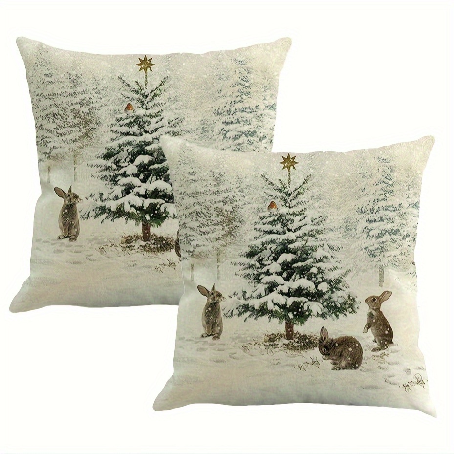 

2-pack Christmas Tree And Rabbits Short Plush Throw Pillow Covers, 18x18 Inch, Polyester, Contemporary Style, Zippered Decorative Pillowcases For Room Types, Machine Washable