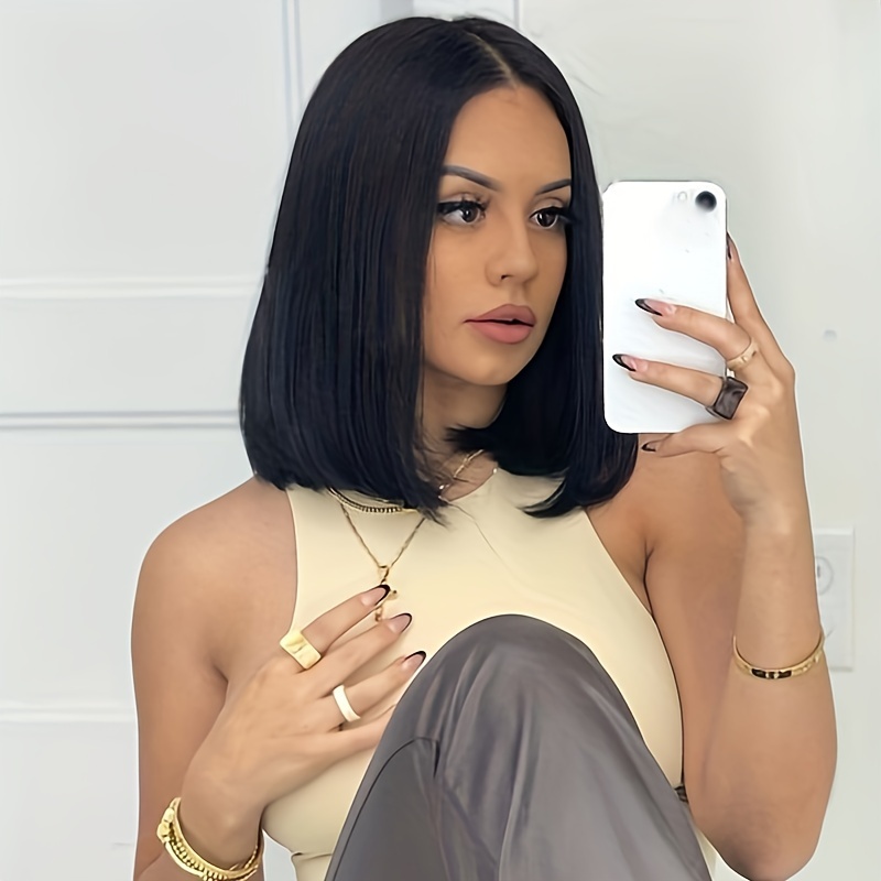 Image of Bob Wigs For Women Red Peekaboo Wig Synthetic Hair Straight Bob Wig Shoulder Length Black With Red Highlights Wig Blunt Cut B