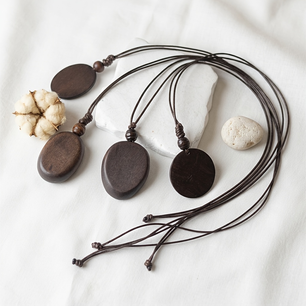 Retro Minimalist Dark Brown Cylindrical Wooden Pendant Necklace