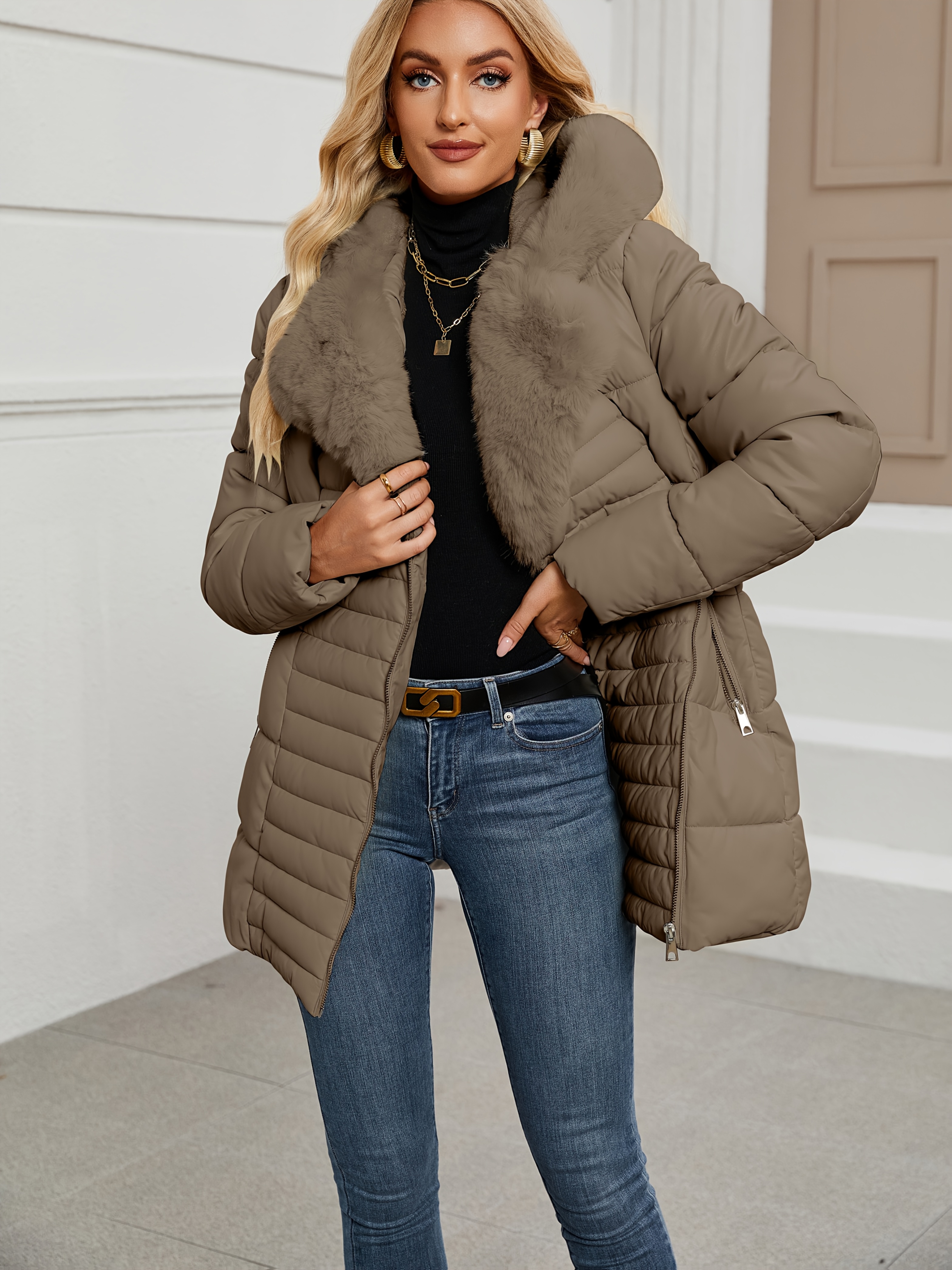 Elegante dames winterjas met faux fur capuchon - Lange mouwen