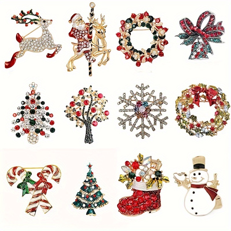 

12pcs Christmas Brooch Pin Set For Women & Girls - Sparkling Crystal & Enamel With Santa, Reindeer, Snowflakes & More - Party Accessories & Gifts, Jewelry| |intricate , Christmas Decorations