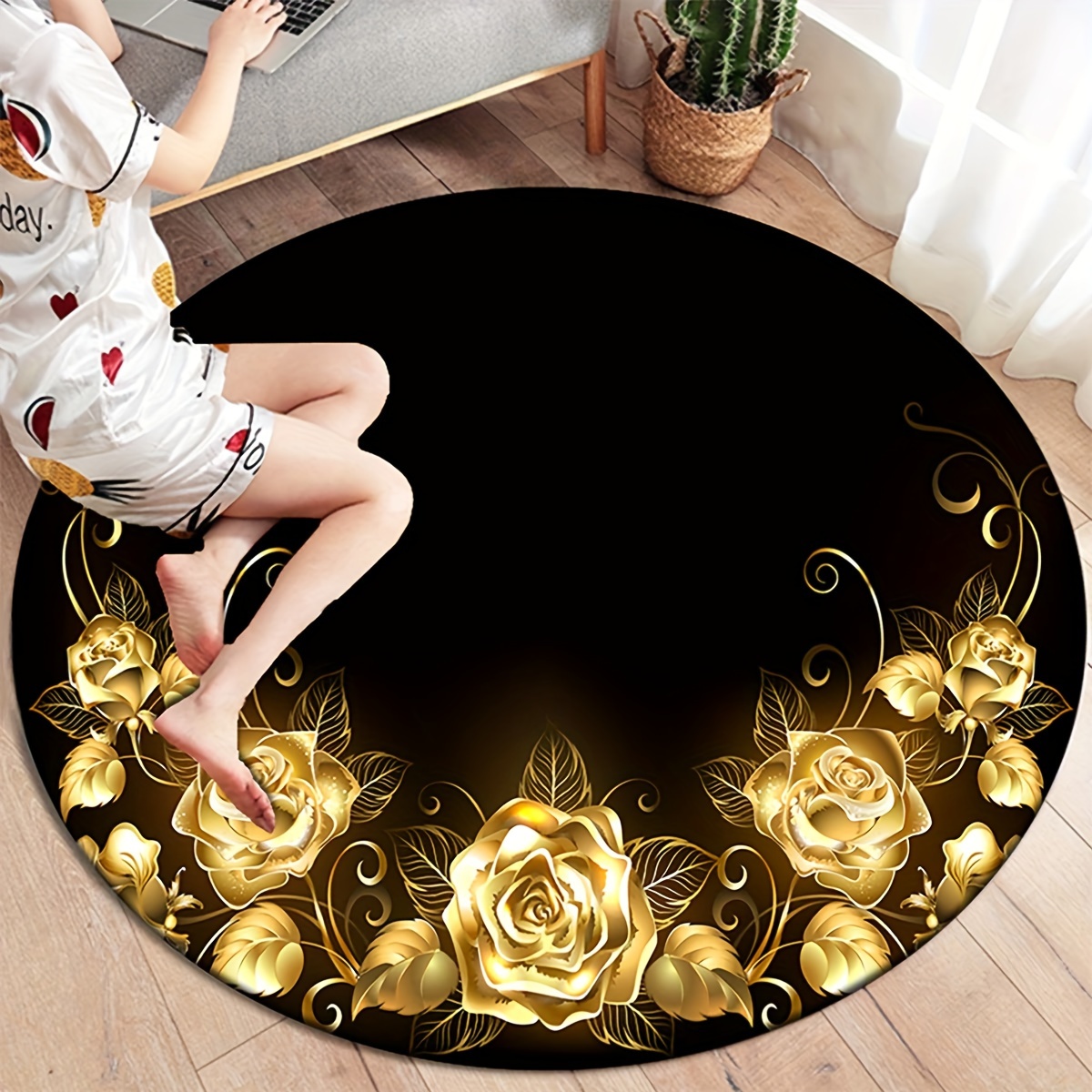

1pc Golden Rose Pattern Round Rug Doormat Floor Mat Home Carpet Hotel Living Room Floor Mats Anti Slip Aesthetic Room Decor Art Supplies Home Decor