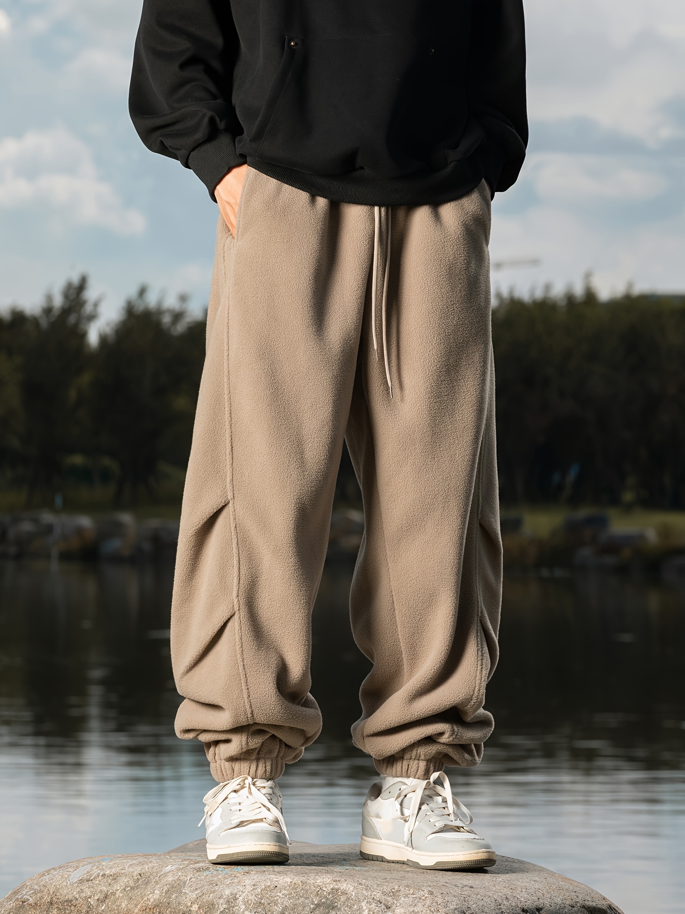 Solid Color Double Pleated Loose Fleece Bunch Foot Casual Pants