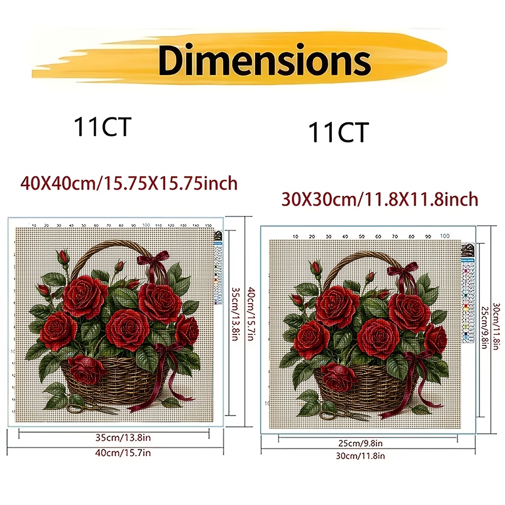 DIY Cross-Stitch Printed Kit, Woven Basket with Red Roses