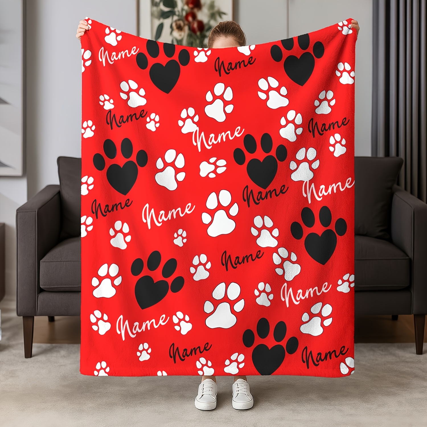 Personalized Pet Blanket with Custom Name, Paw Print Pattern