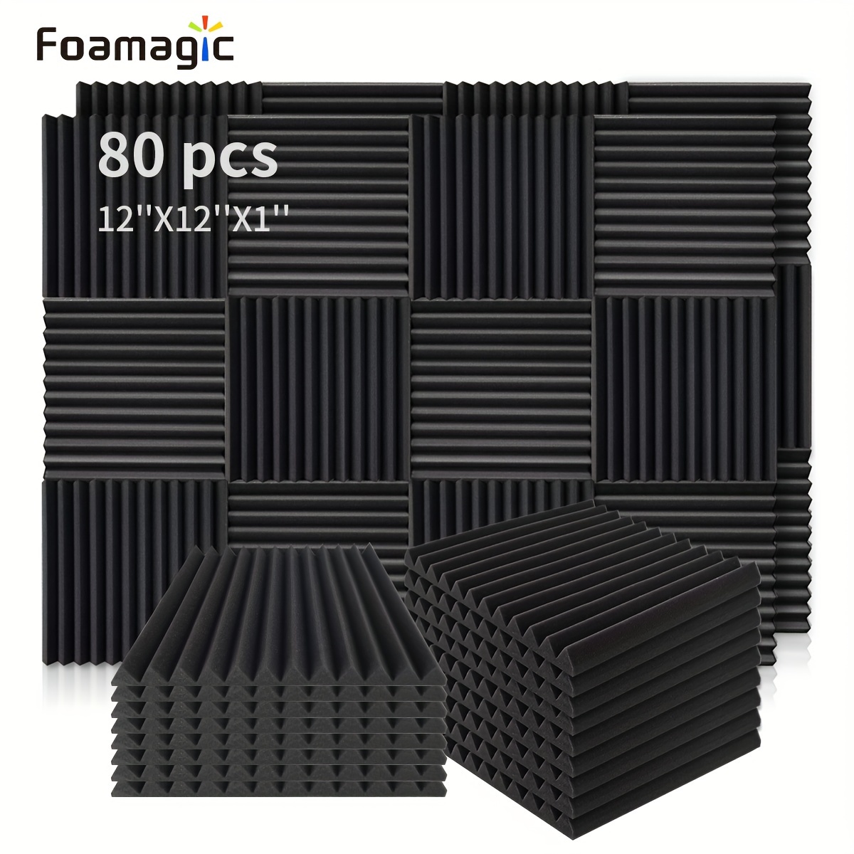 

Foamagic 80pcs Studio Acoustic Foam Panels Sound Proof Wall Absorbing Insulation High-density Noise Canceling 1" X 12" X 12" Foam Panels, Black