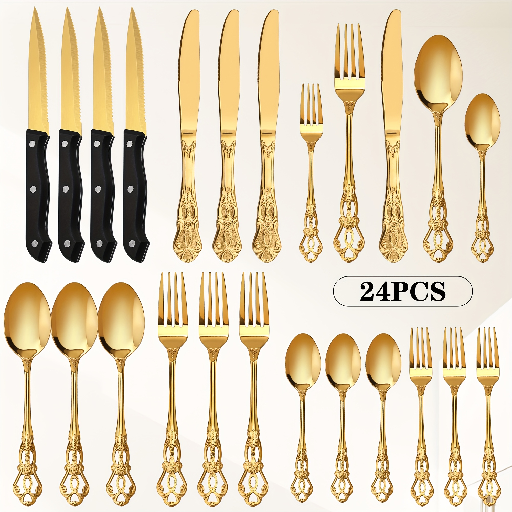 TEMU 24pcs Royal Dinnerware Set - Includes Knives, Forks, Spoons & Steak Knives - Ideal For Home, Kitchen, Restaurant, Wedding, Birthday Party,
