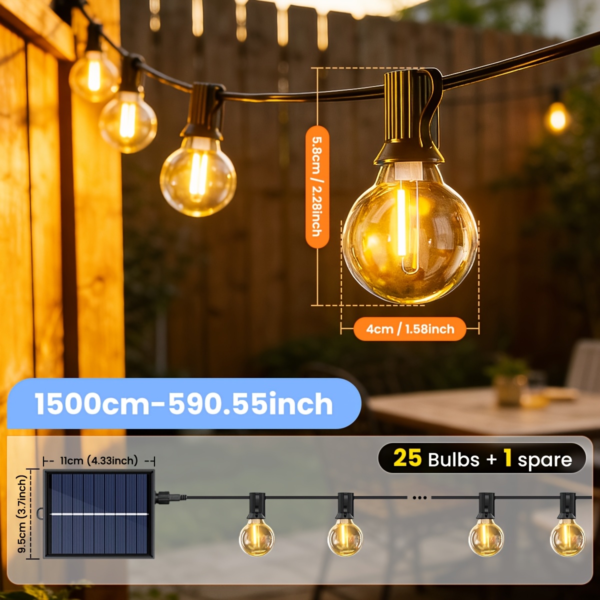 Image of G40 Solar String Outdoor Patio Led Lights 8 Light , Warm White Shatterproof Bulbs, Pub Christmas Party Decoration
