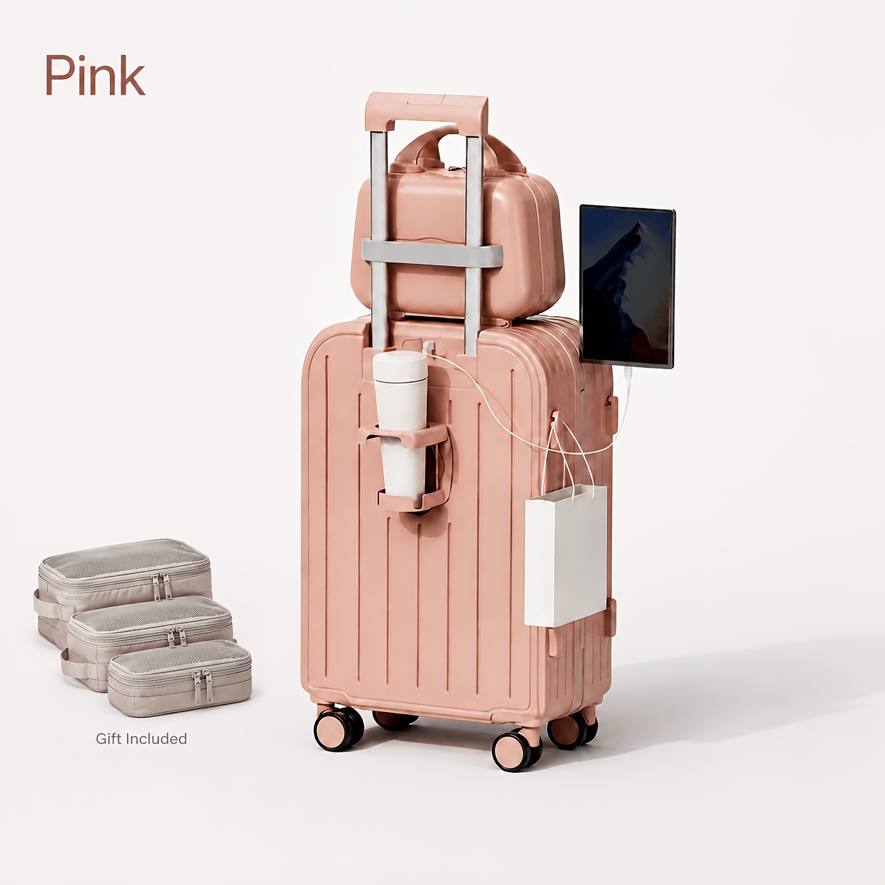 TEMU Minimalist Solid Color Luggage Case, Hard Shell Zipper Trolley Unisex Case With Square Small Makeup Handbag For Travel Use