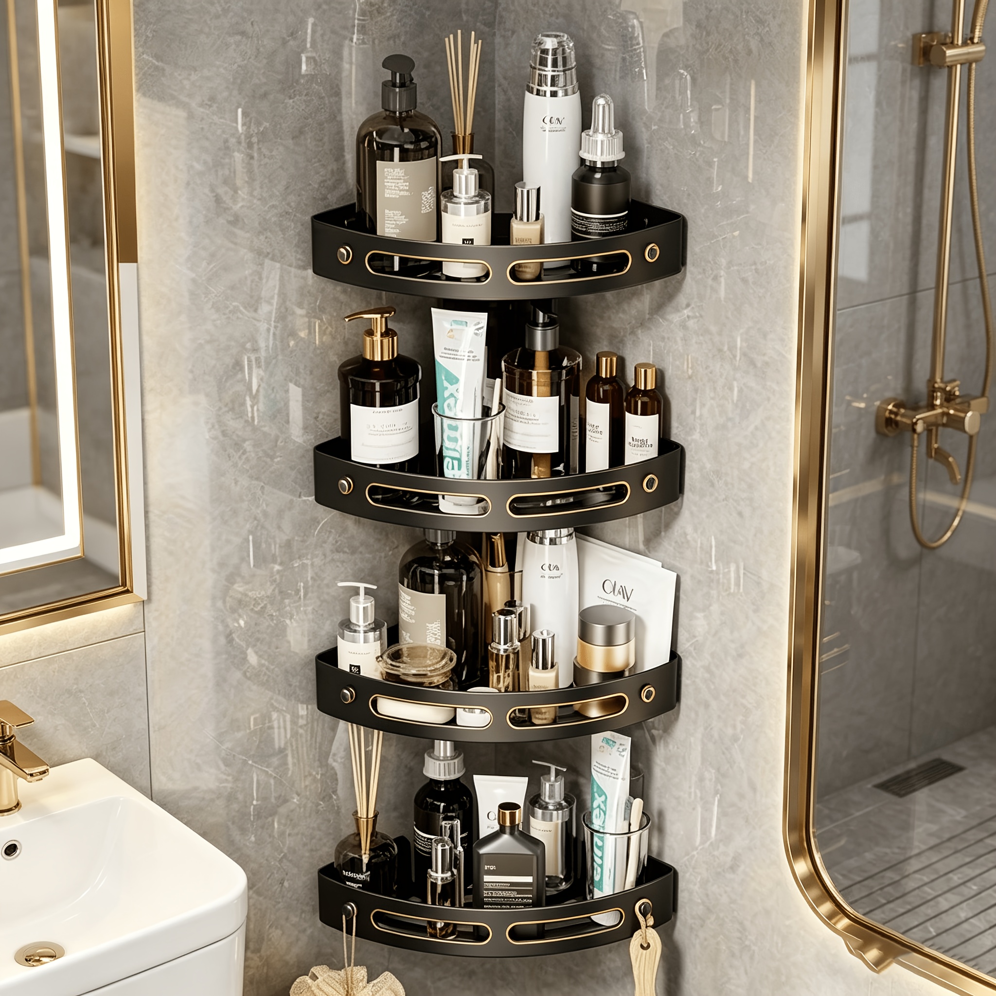 E-shop 4er-Set Badezimmerregal, ohne Bohren, extra groß und breit, wandmontiertes Badezimmer-Fingerregal ohne Bohren, mit starken Haken, geeignet für