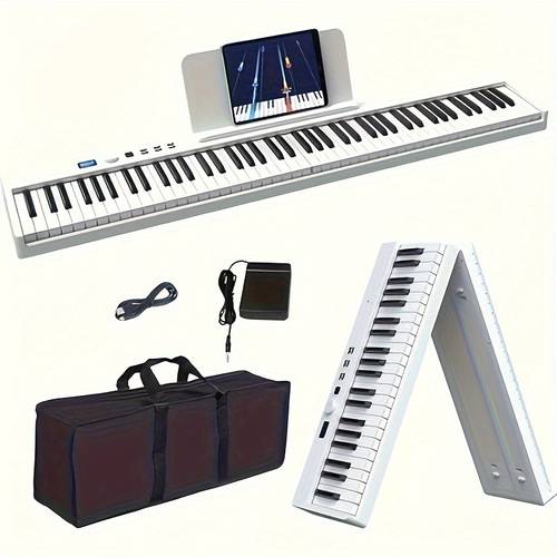 foldable 88 key full weighted digital piano portable electronic keyboard with bluetooth microphone dual keyboard usb charging sustain pedal music stand carry bag beginner friendly smart piano for adults white black