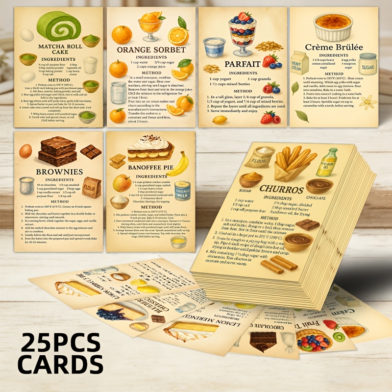 TEMU 25pcs Vintage Recipes Flashcards Kit - Retro Cookbook With Macaron, Croissant & Madeleine Guides, Collectible Kitchen Decor, Scrapbooking Cards