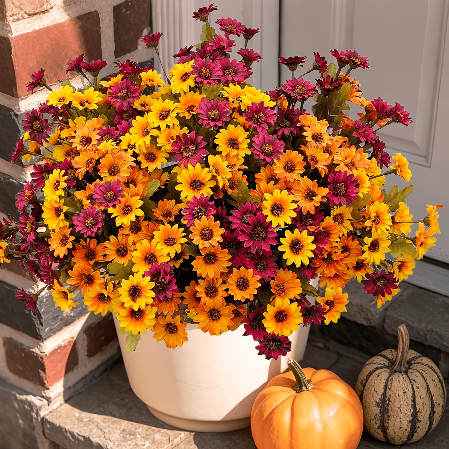 TEMU 126flowers=6pcs Artificial Mums For Outdoors, Fake Fall Flowers, Daisy Floral | Uv Resistant, Realistic For Home, Indoor, Front Door, Porch,
