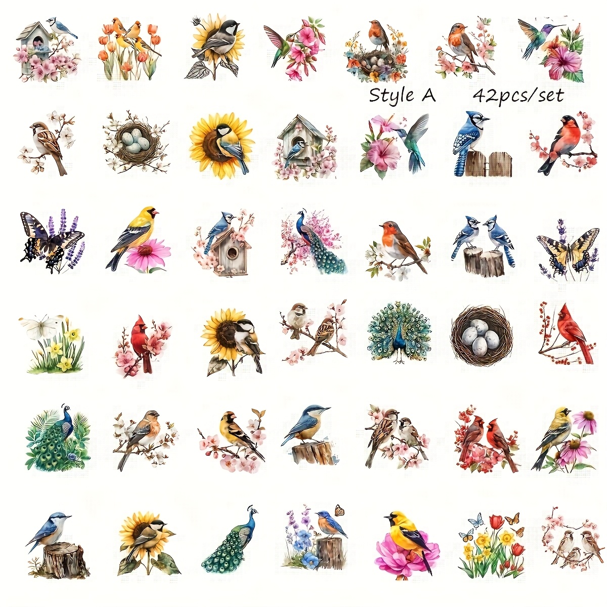 42pcs Set Of Garden Flowers, Birds, Butterflies, & Robins 2d Flat Stickers For Crafting, 2d Flat