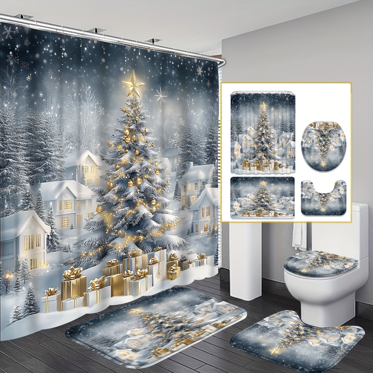

Bath Set And , - Polyester Bathroom Decor - Includes -attached Bath , Bath Mat, Lid , And U-shaped Rug, Use, For Christmas And New Decoration