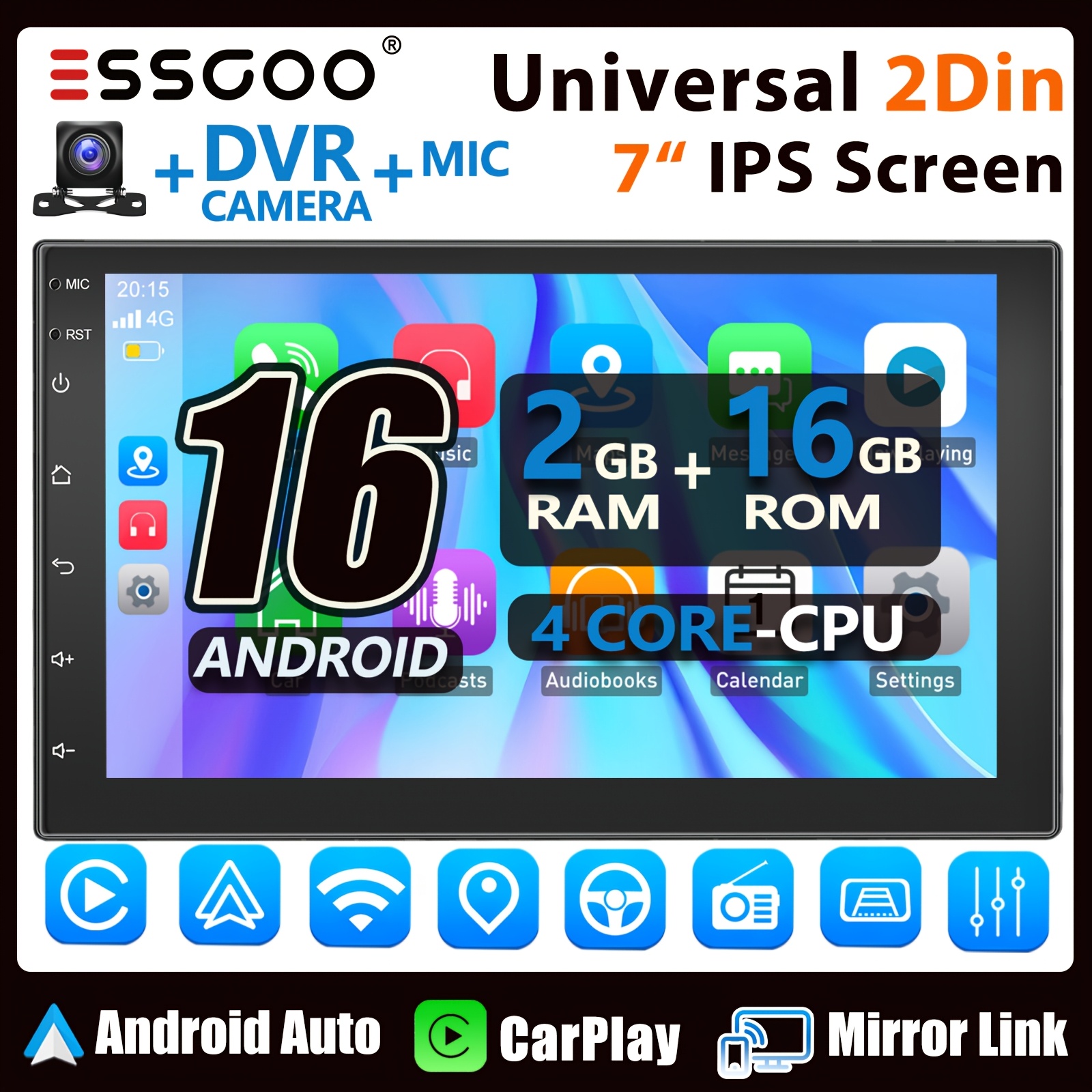 Essgoo Car Stereo 16 Auto Multimedia Player With Backup & Dvr Camera & Microphone Universal 2 Din 7-inch Ips Screen & Auto Support Steering Wheel Control (swc) | Wireless 4. Radio Asp Link