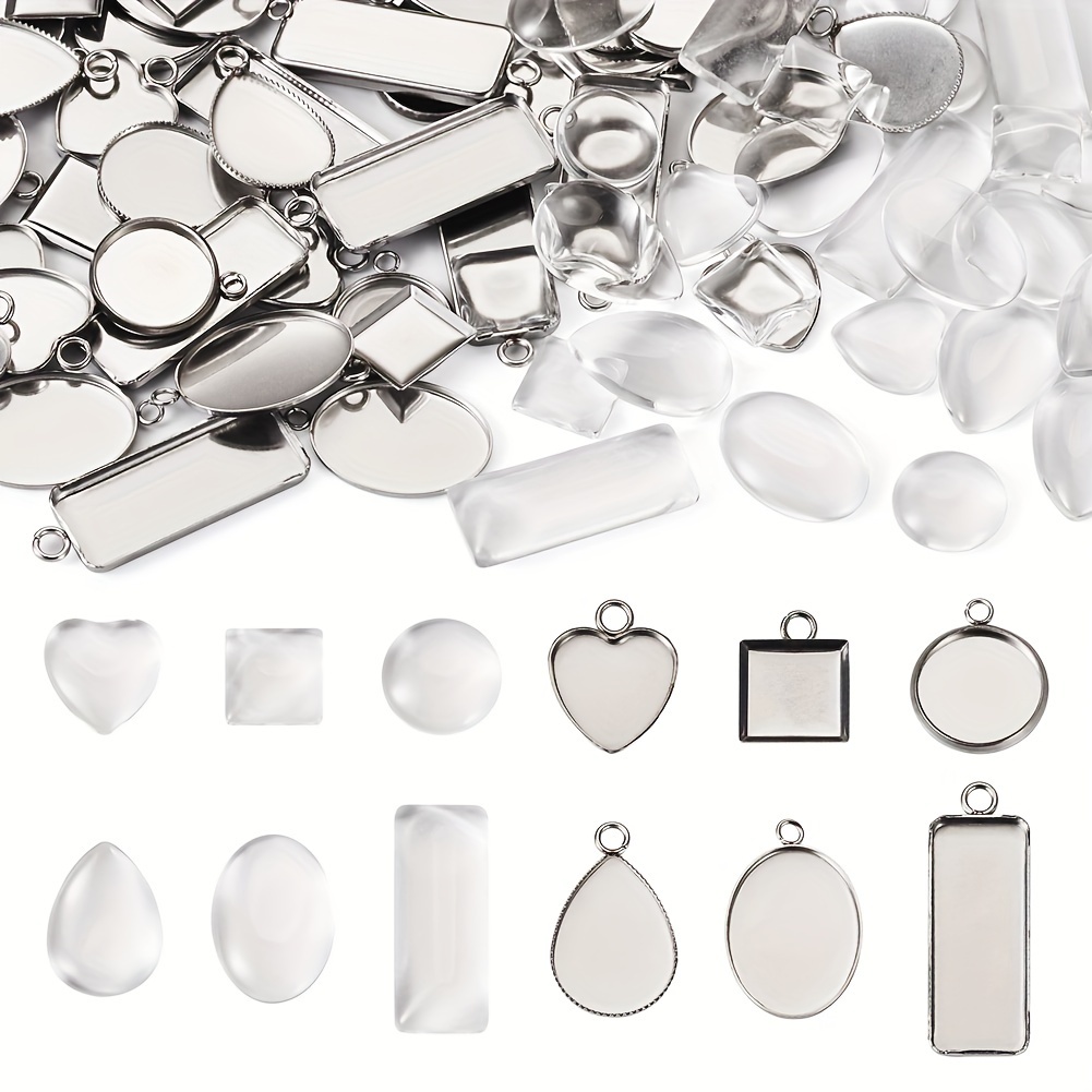 

60pcs Stainless Steel Bezel Trays With 60pcs Glass Cabochons Teardrop Mixed Shapes For Photo Pendants Jewelry Making