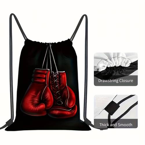 a drawstring backpack themed around boxing featuring with boxing gloves this practical gym bag has a cinch closure is lightweight and foldable making it suitable for hiking climbing